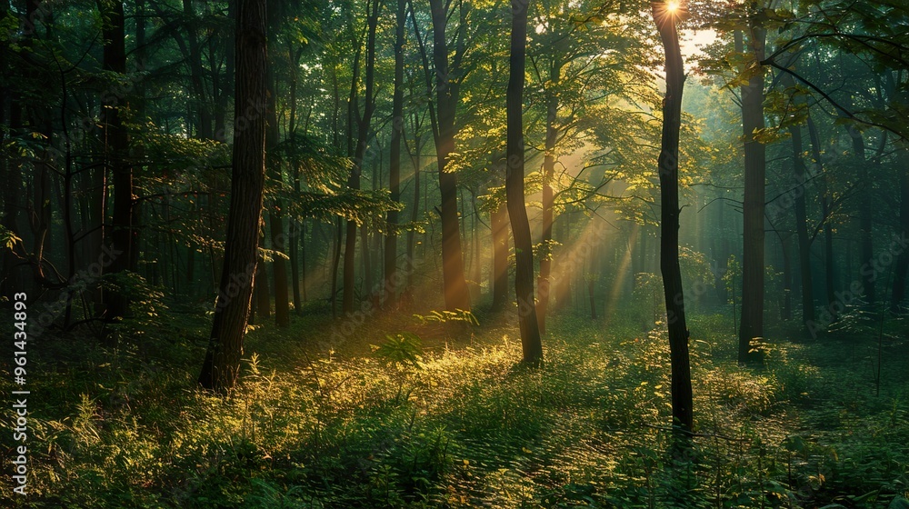 Naklejka premium Sun rays shining through the trees in a misty forest.