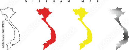 Vietnam map detailed in outline, red color, yellow color, dotted style