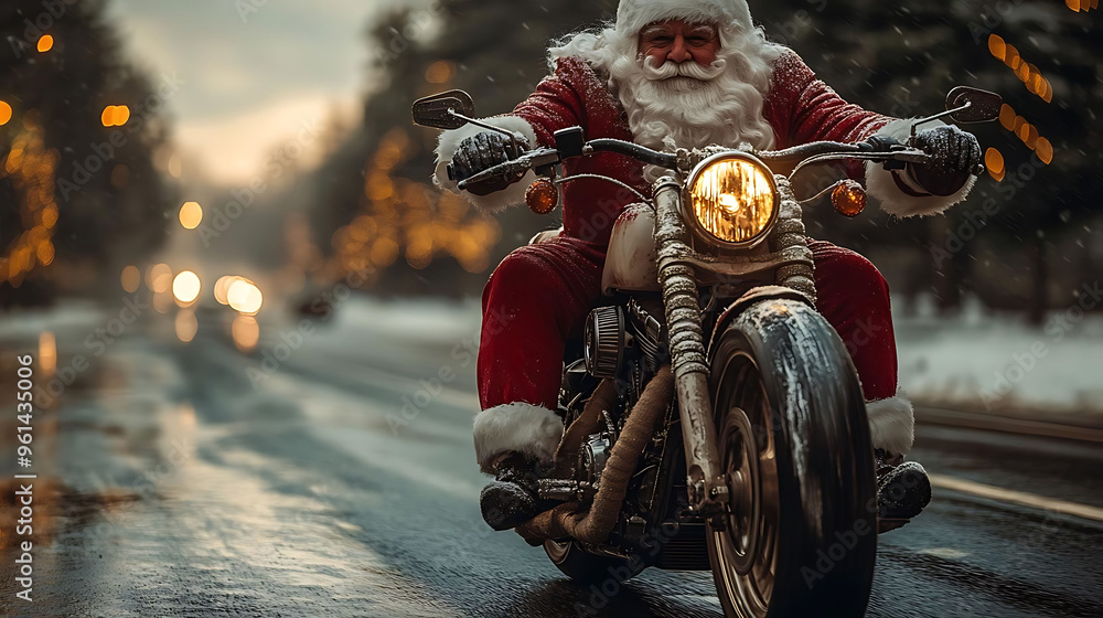 Fototapeta premium Santa Claus on a Motorcycle - Christmas Banner