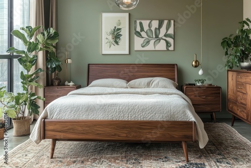 Modern Bedroom Interior Design with Wooden Bed and Green Walls