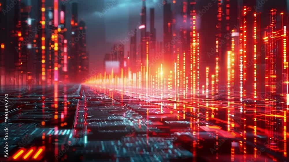 Glowing red and orange graphs rise from a futuristic city street, representing the flow of financial data in a high tech environment Glowing red and orange graphs rise from a futuristic city street, representing the flow of financial data in a high tech environment