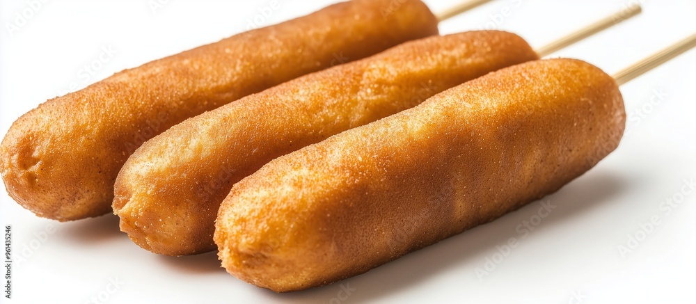 Corn dogs on sticks, isolated on a white background. Corn dogs on sticks, isolated on a white background.