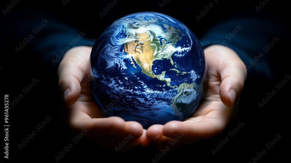 Hands holding a 3D globe, concept sustainability and save environment. Hands holding a 3D globe, concept sustainability and save environment.
