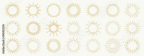 Cuadro en lienzo Sunburst vector set boho golden outline minimal bohemian style isolated on background