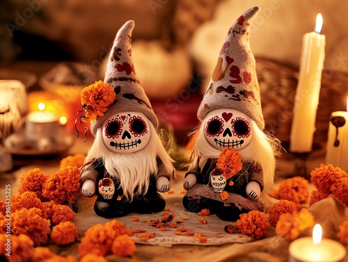 Colorful sugar skull dolls surrounded by marigolds and candles, celebrating the Day of the Dead with vibrant decorations. photo