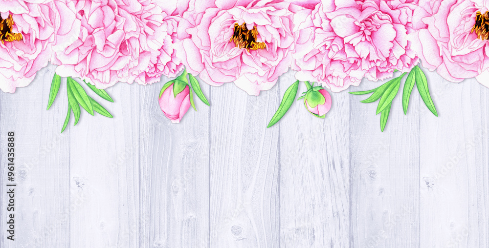Obraz premium Watercolor pink flowers on wooden background. Floral banner with peonies and green leaves. Card illustration.
