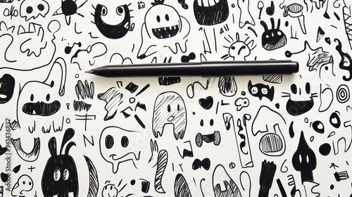 Creative Doodles Galore: Vibrant Abstract Shapes, Animals, and Faces in Sketchbook with Pen Accents photo