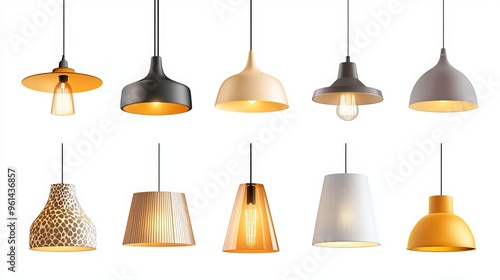 Realistic hanging lamps with stylish, quirky lampshades. Modern chandeliers with light bulbs and shades. Home, room, or studio decor isolated on a white background. 3D vector illustration. 