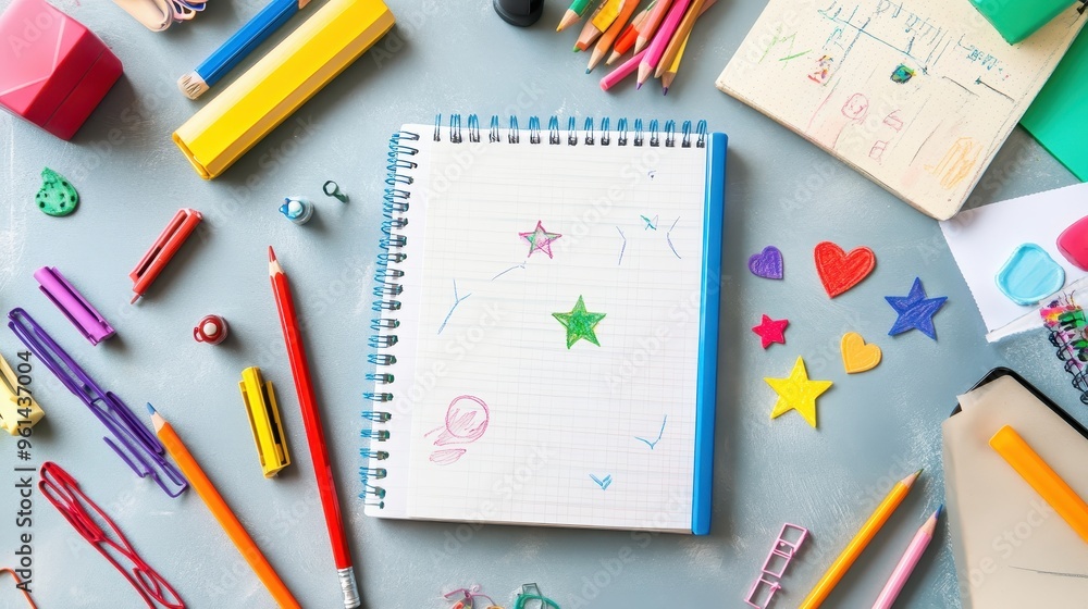 Creative Doodles on Desk: Colorful Stars, Hearts, and Swirls with Art Supplies Nearby Creative Doodles on Desk: Colorful Stars, Hearts, and Swirls with Art Supplies Nearby