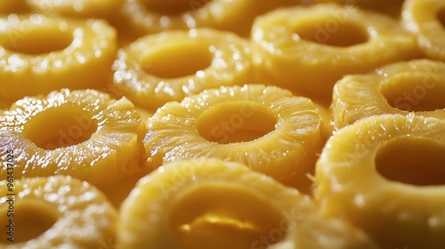 A fresh pineapple cut into rings, showcasing the vibrant yellow flesh, ready to be served.