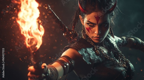 Woman with dark fantasy feel holding a flaming sword photo