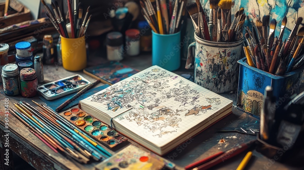 Creative Chaos - Artist's Workstation with Doodled Notebook and Art Supplies Creative Chaos - Artist's Workstation with Doodled Notebook and Art Supplies