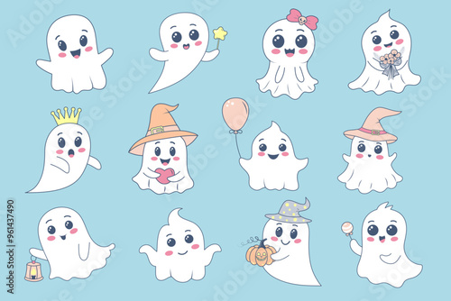 Cute kawaii ghost set. Halloween baby characters. Magic scary spirits. Vector cartoon illustration.