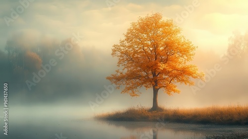 ethereal autumn scene featuring a lone tree with shimmering golden leaves its branches etched against a misty pastel sky at dawn