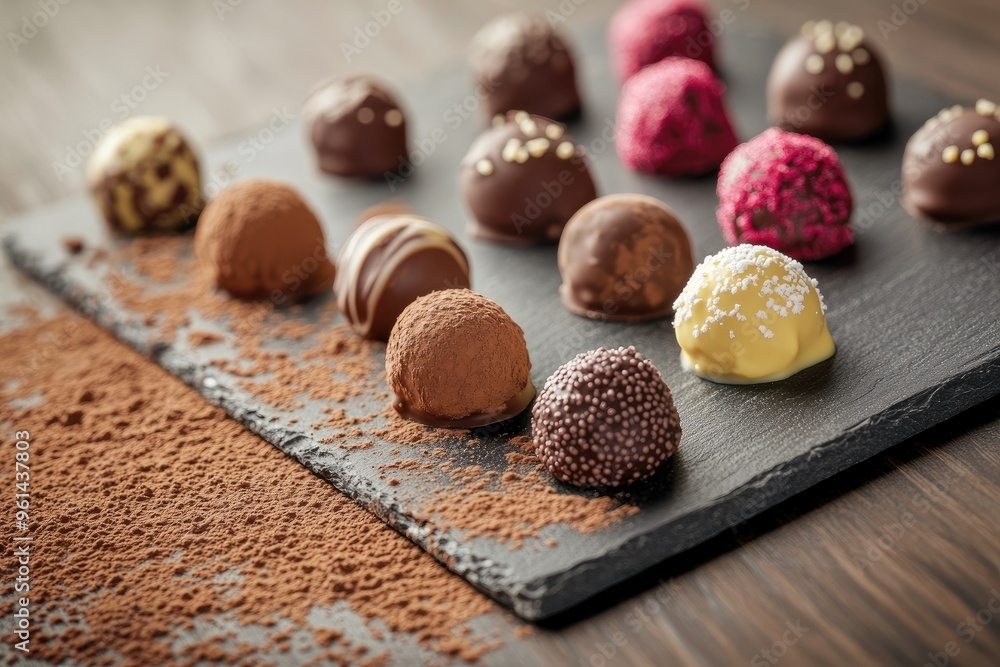 A collection of rich chocolate truffles in various flavors, dusted with cocoa powder and displayed on a rustic slate board A collection of rich chocolate truffles in various flavors, dusted with cocoa powder and displayed on a rustic slate board