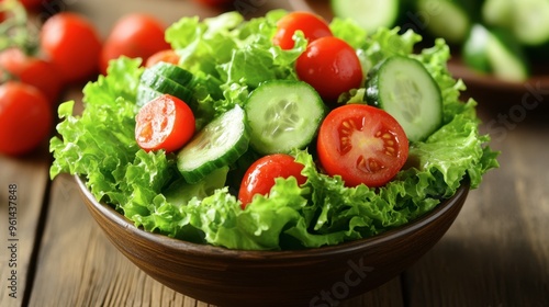 A fresh salad bowl filled with green oak lettuce, cherry tomatoes, and cucumbers on a wooden table.