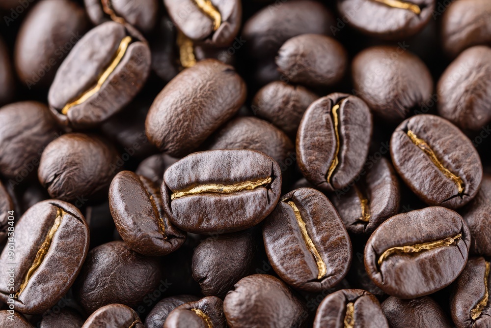 Obraz premium Close-up of a pile of dark roasted coffee beans, with light glinting off their curved surfaces, emphasizing the richness and depth of flavor