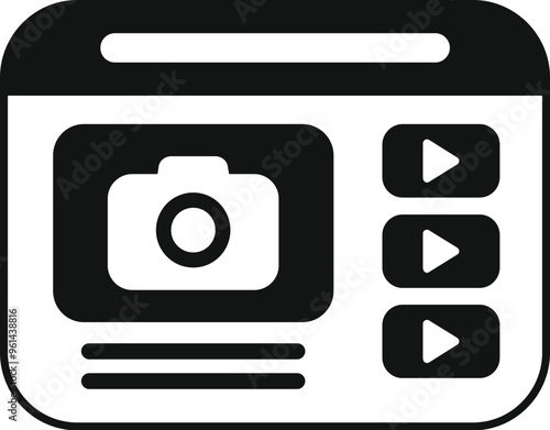 Black and white icon of a multimedia content creation app interface for streaming platforms, allowing users to upload photos and videos