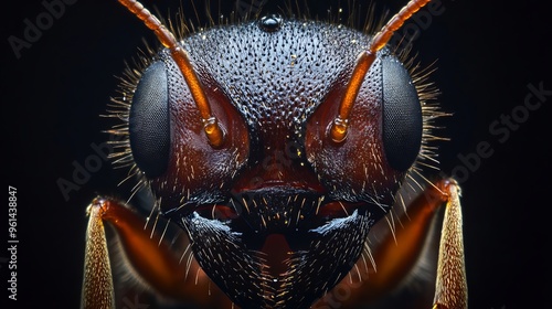 This close-up image depicts an ant of the Formica polyctena species, native to Europe and commonly referred to as the European wood ant.  photo