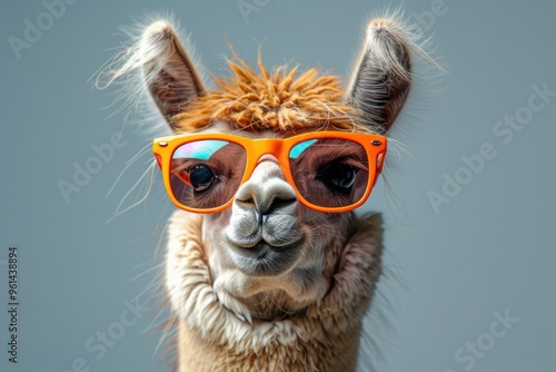 A stylish llama wearing bright orange sunglasses poses for a playful portrait against a neutral background