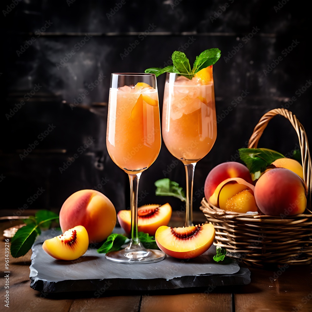 refreshing sparkling peach bellini garnished with peach slices refreshing sparkling peach bellini garnished with peach slices
