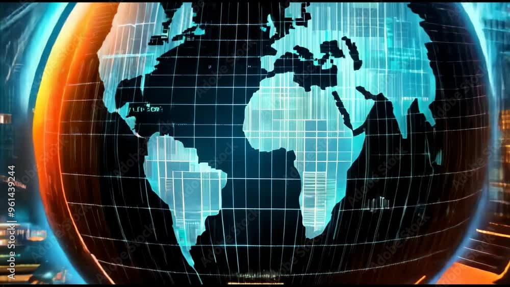 A blue globe is surrounded by a cityscape. The globe is the center of the image and is surrounded by a network of lines and dots. The cityscape is lit up at night, giving the image a futuristic A blue globe is surrounded by a cityscape. The globe is the center of the image and is surrounded by a network of lines and dots. The cityscape is lit up at night, giving the image a futuristic