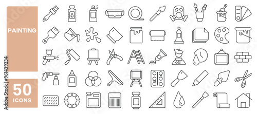 Set of 50 line icons related to painting, paint, brush, artwork, painter, spray, color, palette, roller, bucket, Editable stroke. Vector illustration