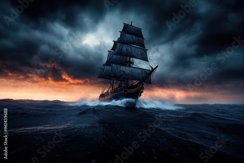 A dramatic scene of a pirate ship with dark sails battling rough seas against a stormy and colorful sunset sky, capturing the essence of adventure and danger.