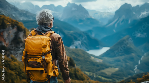 A traveler stands in awe of the stunning mountain landscape, admiring the vibrant autumn colors and vast horizons in the Dolomites while wearing a sturdy backpack