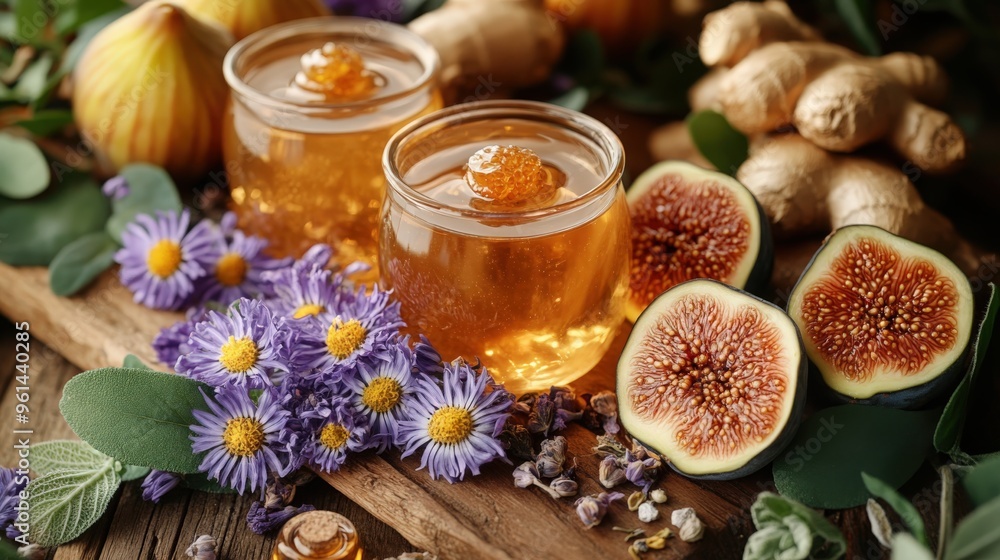 A display of fresh and dried figs, ginger, honey, and colorful flowers on wood A display of fresh and dried figs, ginger, honey, and colorful flowers on wood