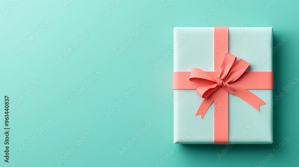 A beautifully wrapped gift box with a coral ribbon against a soft turquoise background, perfect for celebrations and special occasions. A beautifully wrapped gift box with a coral ribbon against a soft turquoise background, perfect for celebrations and special occasions.
