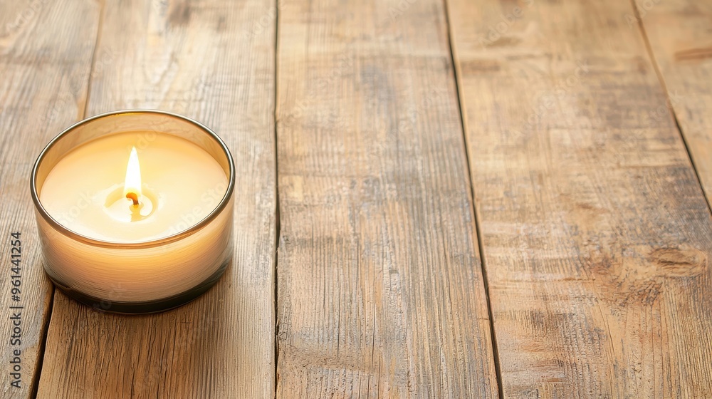 Burning Candle on Rustic Wood Background Burning Candle on Rustic Wood Background
