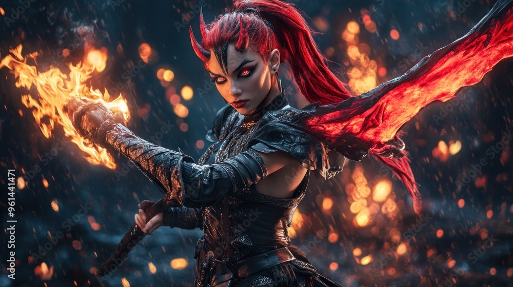 Woman with dark fantasy feel holding a flaming sword Woman with dark fantasy feel holding a flaming sword