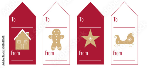 Christmas gift tags and label collection .To and from design with Christmas gingerbread house, gingerbread man, star and sled. Christmas vector design for presents