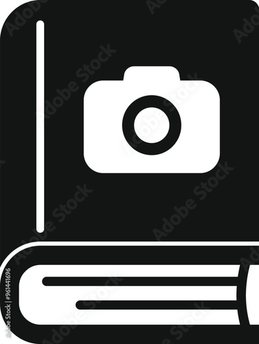 Simple black icon of a book with a camera symbol, representing a photography book, album, or course