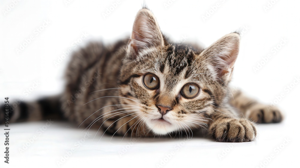 Obraz premium Playful Cat in Joyful Isolation, an endearing feline with a cheerful expression, immersed in play against a clean white backdrop, inviting ample space for creativity and text integration.