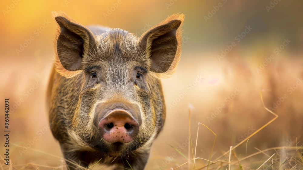 A tight shot of a contented pig basking in the sunlit grass, its face illuminated by golden rays A tight shot of a contented pig basking in the sunlit grass, its face illuminated by golden rays