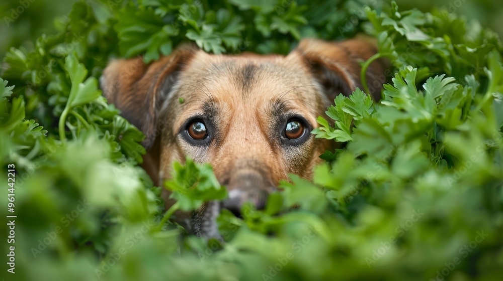 A dog's face, eyes wide, peeks from bush leaves A dog's face, eyes wide, peeks from bush leaves