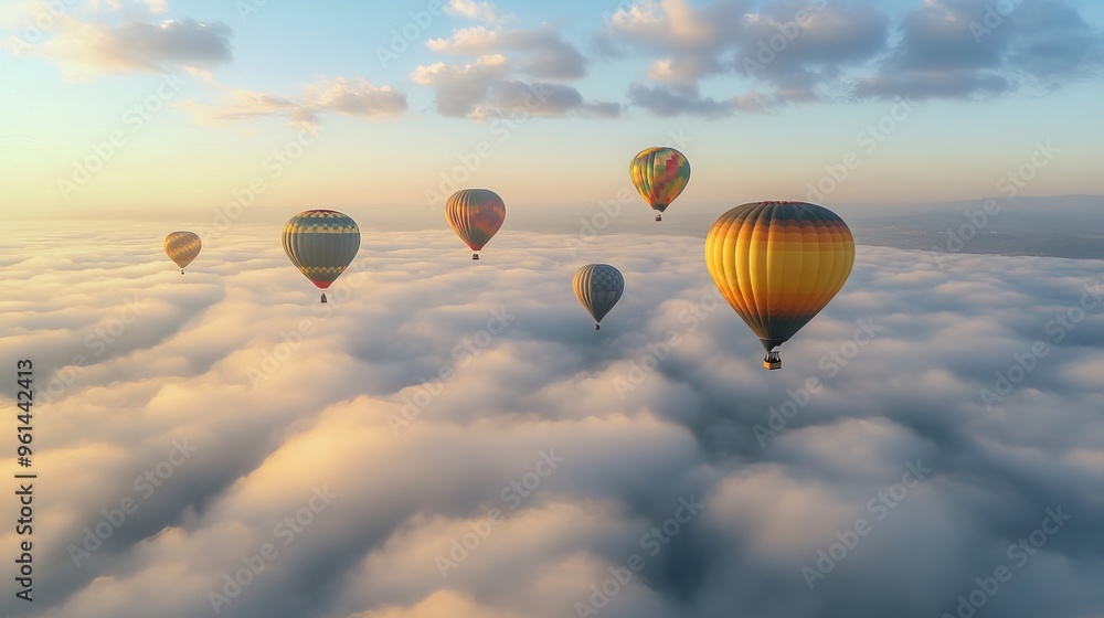 Obraz premium Witness the enchanting world of hot air ballooning through captivating images that showcase the awe-inspiring beauty of this aerial dance. Experience the tranquility of floating above the clouds