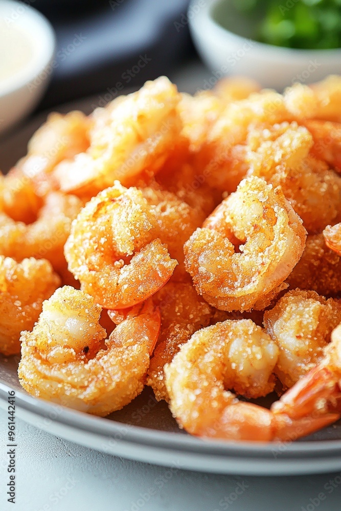 A closeup of a plate of fried shrimp A closeup of a plate of fried shrimp