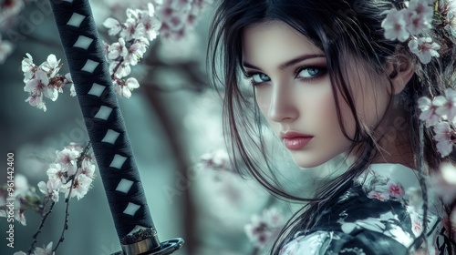 Young woman dressed as a samurai warrior holding a sword