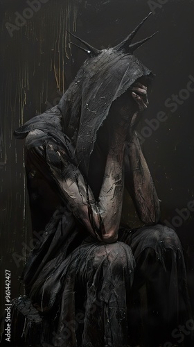 A hooded figure sits with their face in their hands, their body covered in dark paint, against a dark background.