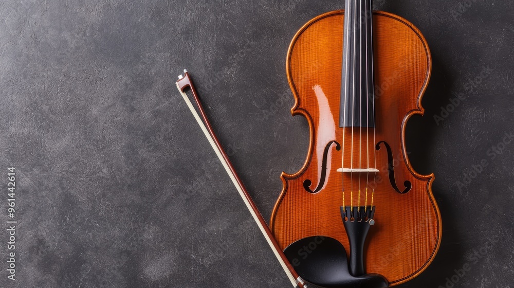Fototapeta premium Close-up view of a violin and bow on a textured surface, highlighting the instrument's craftsmanship and elegance.