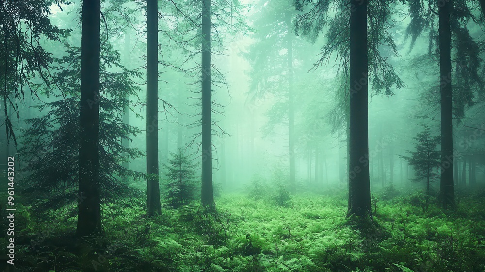 Misty Forest Path with Tall Pine Trees and Lush Green Ferns