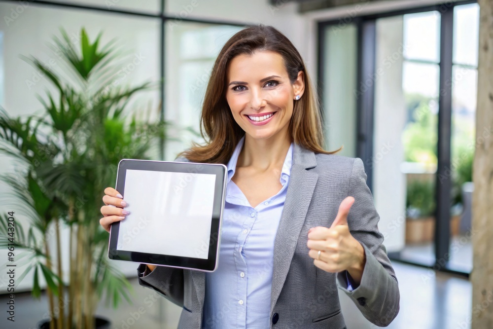 Smiling woman gestures a thumbs up while standing beside a tablet displaying a logo mockup, exuding confidence and Smiling woman gestures a thumbs up while standing beside a tablet displaying a logo mockup, exuding confidence and