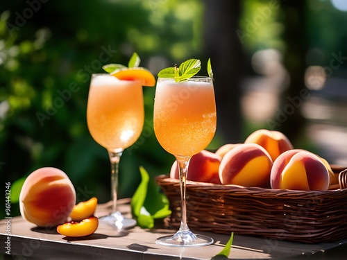 refreshing sparkling peach bellini garnished with peach slices