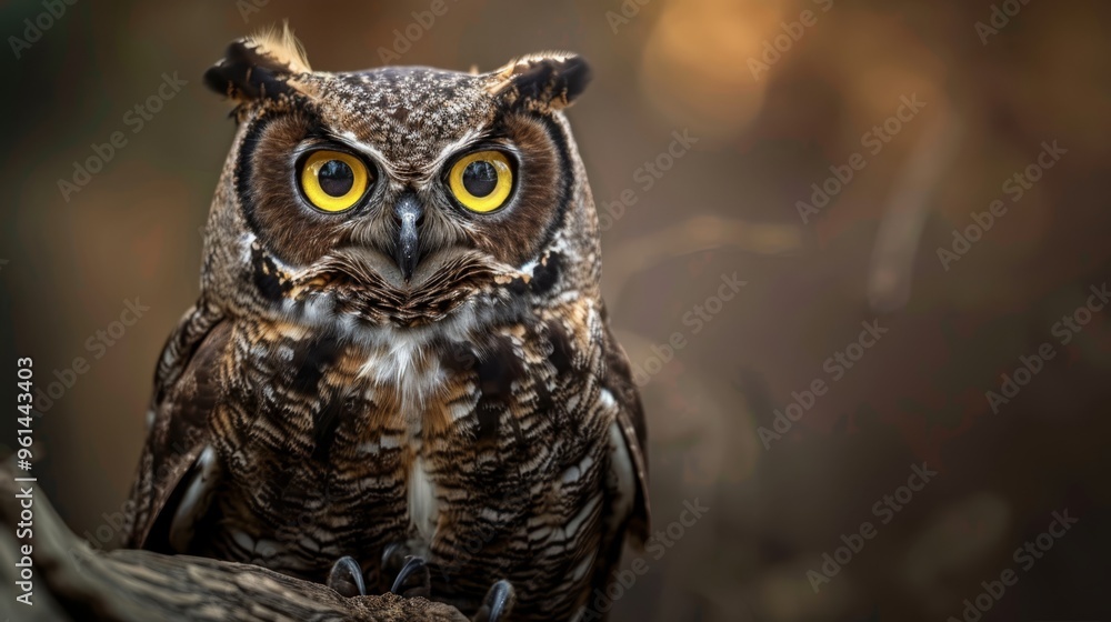 A yellow-eyed owl in focus on a branch against a softly blurred background A yellow-eyed owl in focus on a branch against a softly blurred background