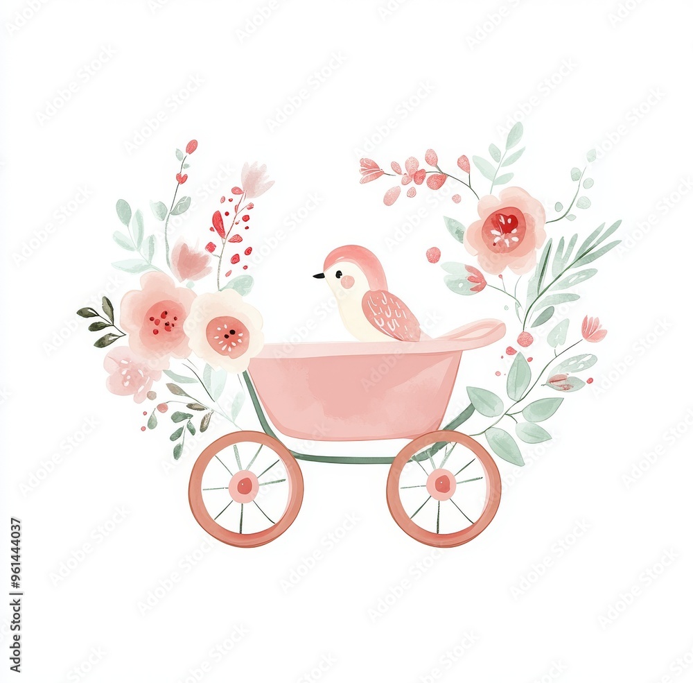 Wheelbarrow and flowers in a garden. Cute watercolor card Wheelbarrow and flowers in a garden. Cute watercolor card