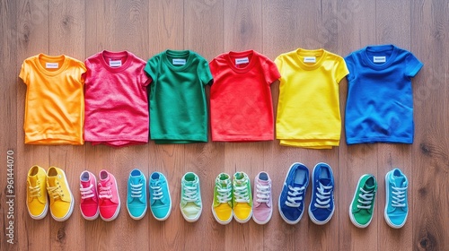 A colorful flat lay of childrenas clothes with rainbow-colored shirts, pants, and shoes, displayed on a wooden floor. photo