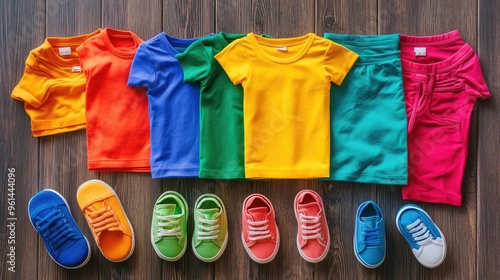 A colorful flat lay of childrenas clothes with rainbow-colored shirts, pants, and shoes, displayed on a wooden floor. photo